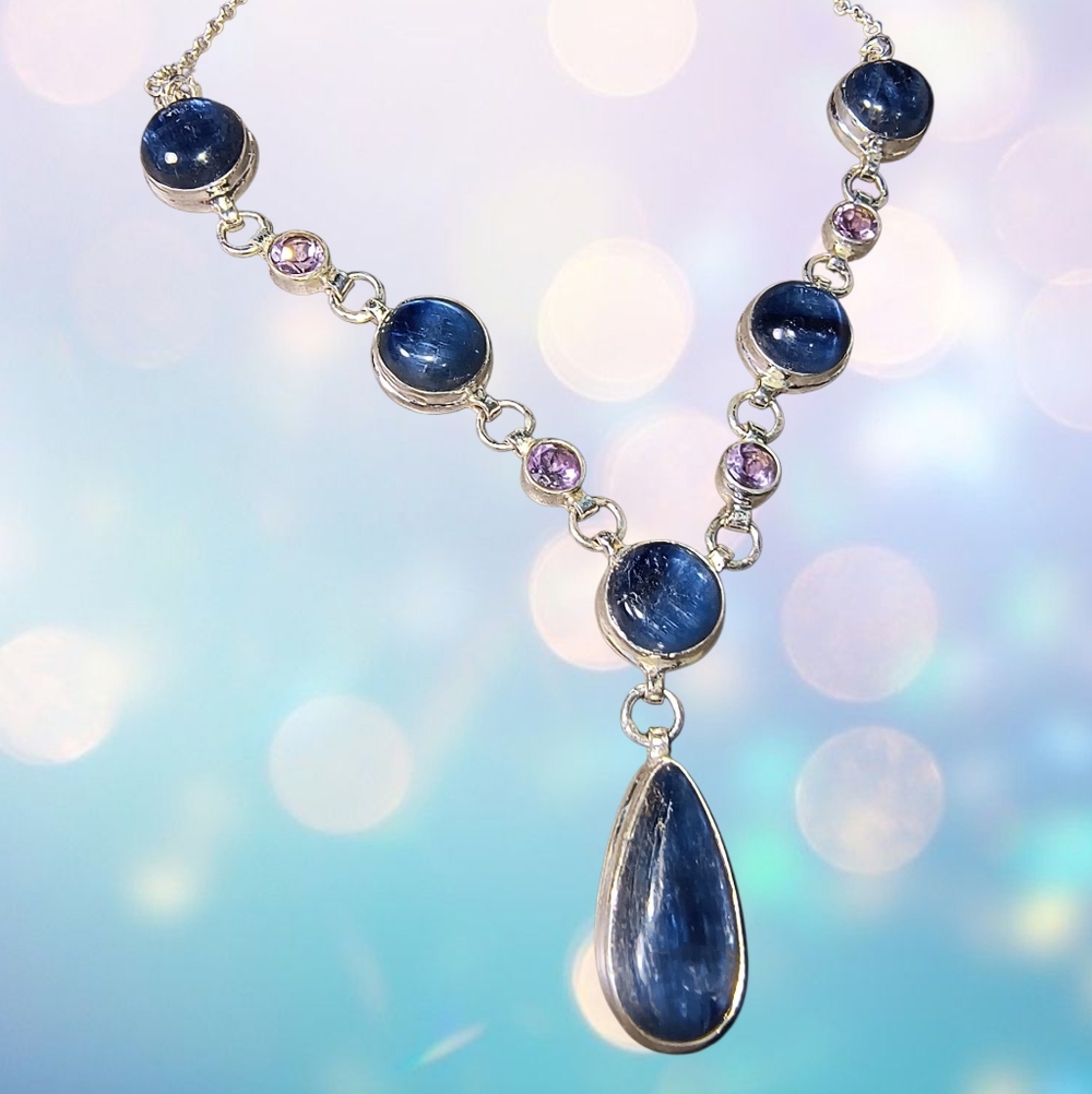 Sterling Silver Kyanite & Amethyst Necklace – Artisan Design with Teardrop